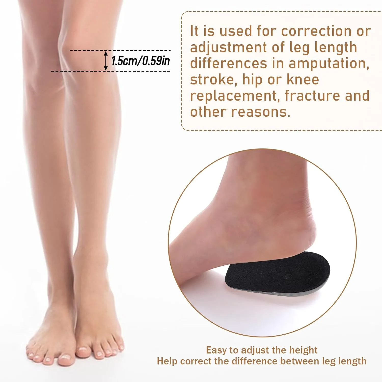 1/2 Inch Heel Lifts for Leg Length Discrepancy Gel Height Increasing Insoles Soft Shoe Lifts for Women Men Uneven Legs Comfort Half Foot Insoles for Heel Pain, Black
