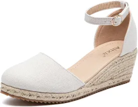 Altxic Women's Closed Toe Canvas Ankle Strap Espadrilles Wedge Sandals