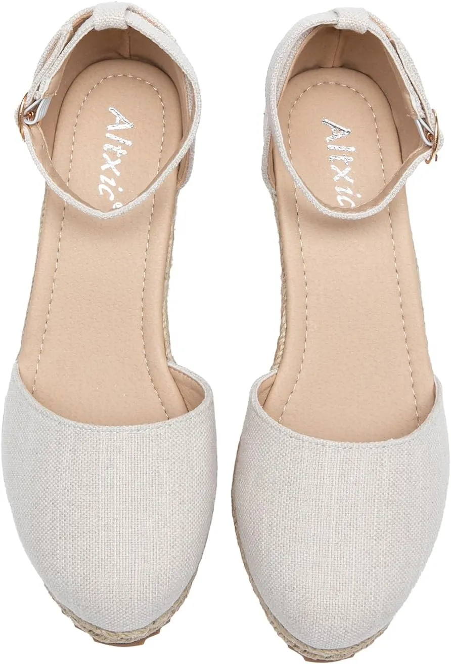 Altxic Women's Closed Toe Canvas Ankle Strap Espadrilles Wedge Sandals