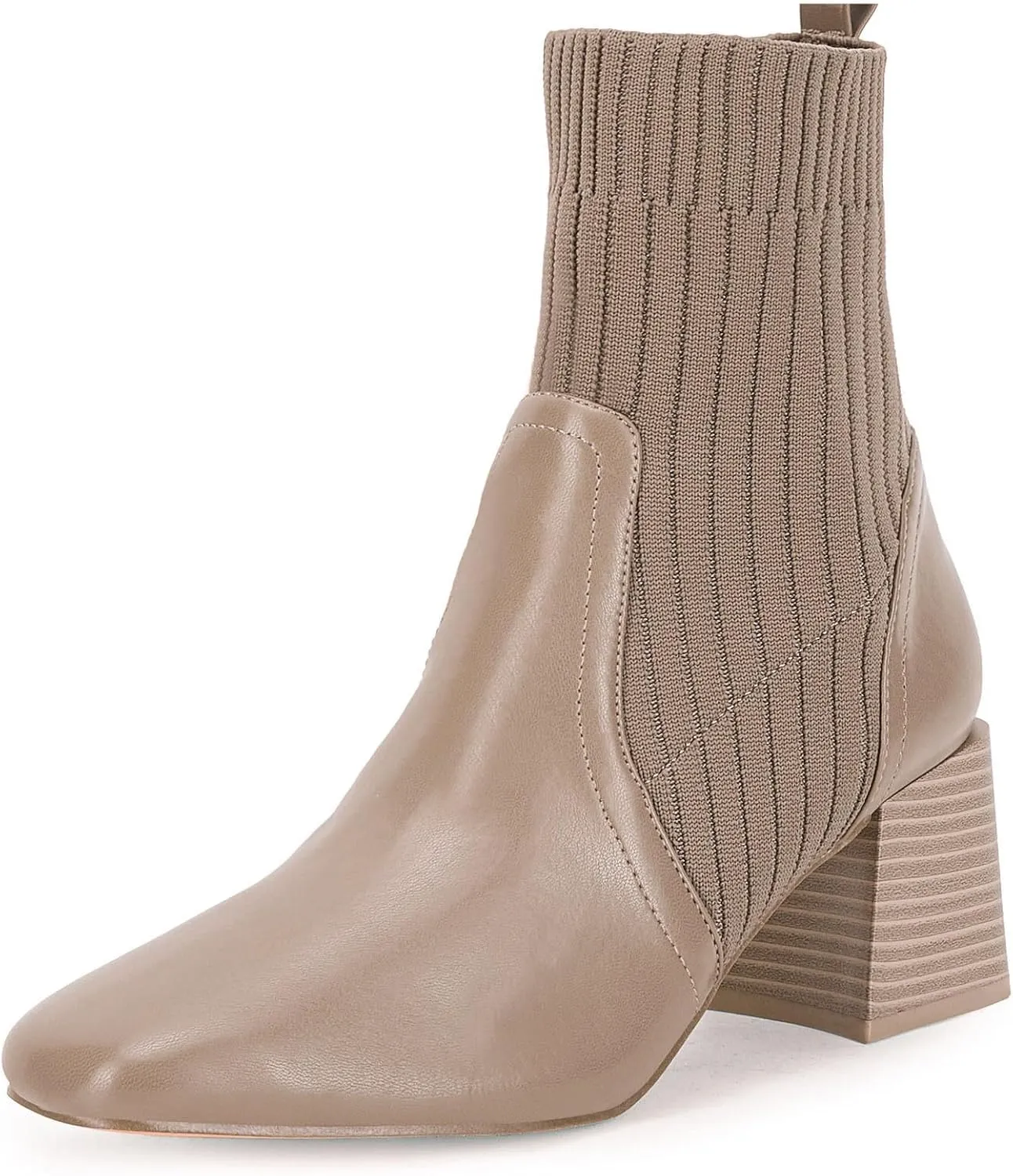 Coutgo Women's Chunky Heel Ankle Boots Square Toe Slip On Sock Booties Elastic Chelsea Boot