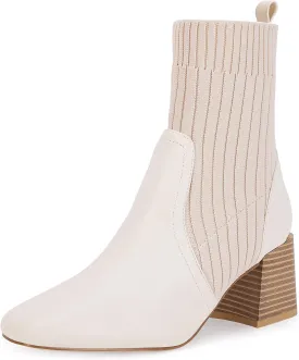 Coutgo Women's Chunky Heel Ankle Boots Square Toe Slip On Sock Booties Elastic Chelsea Boot