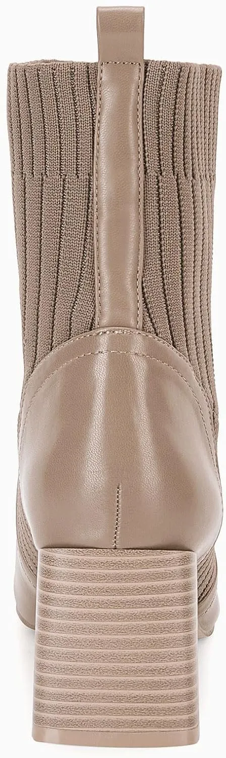 Coutgo Women's Chunky Heel Ankle Boots Square Toe Slip On Sock Booties Elastic Chelsea Boot