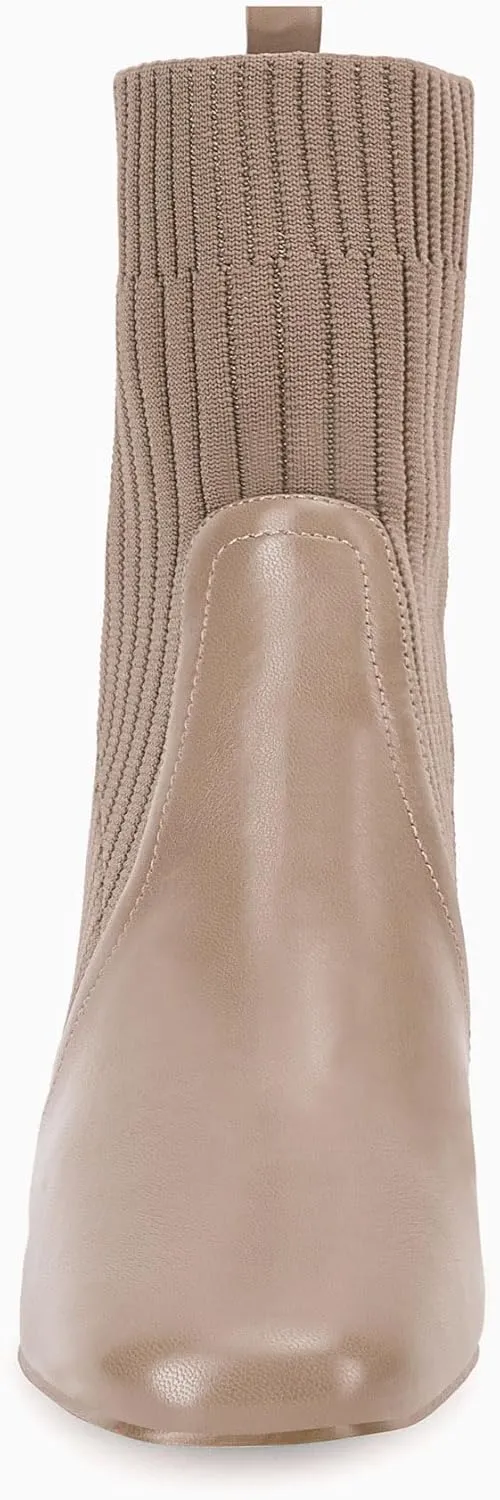 Coutgo Women's Chunky Heel Ankle Boots Square Toe Slip On Sock Booties Elastic Chelsea Boot
