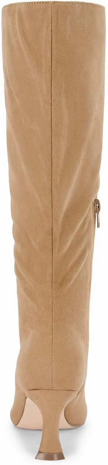 Coutgo Womens Knee High Boots Pointed Toe Kitten Heel Side Zipper Stretchy Vegan Suede Comfort Fall Winter Boot
