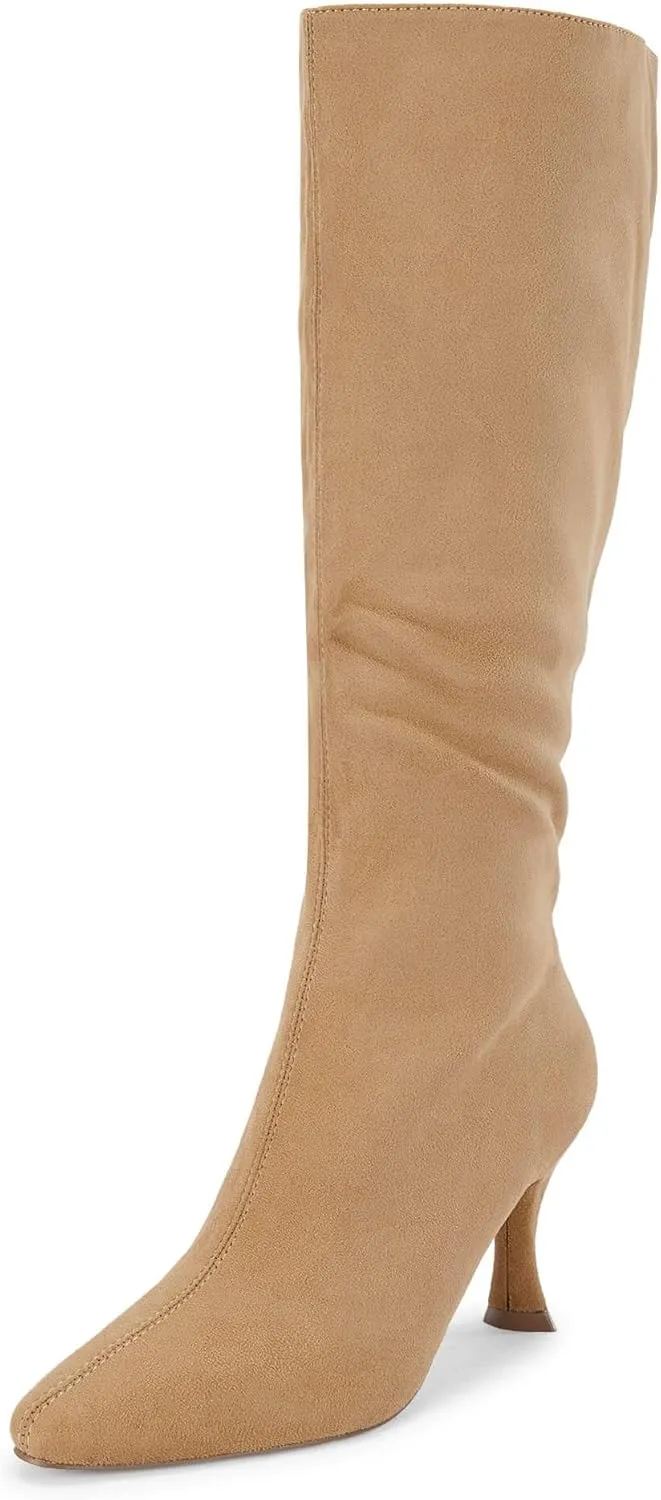 Coutgo Womens Knee High Boots Pointed Toe Kitten Heel Side Zipper Stretchy Vegan Suede Comfort Fall Winter Boot