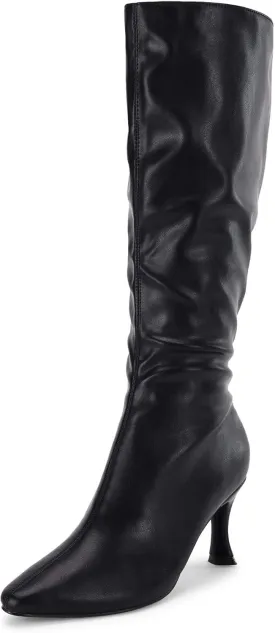 Coutgo Womens Knee High Boots Pointed Toe Kitten Heel Side Zipper Stretchy Vegan Suede Comfort Fall Winter Boot