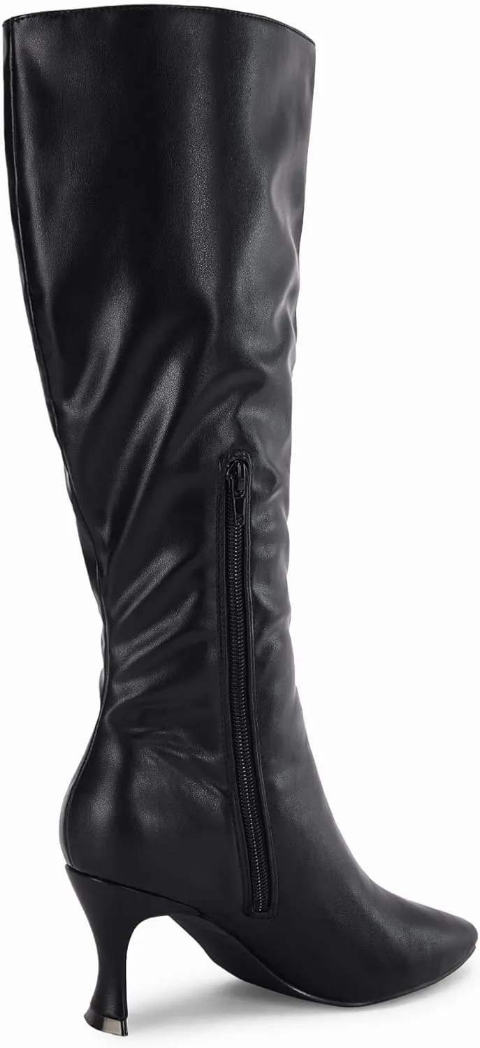 Coutgo Womens Knee High Boots Pointed Toe Kitten Heel Side Zipper Stretchy Vegan Suede Comfort Fall Winter Boot
