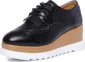 DADAWEN Women's Fashion Tassels Square-Toe Lace-up Platform Wedge Oxford Shoes