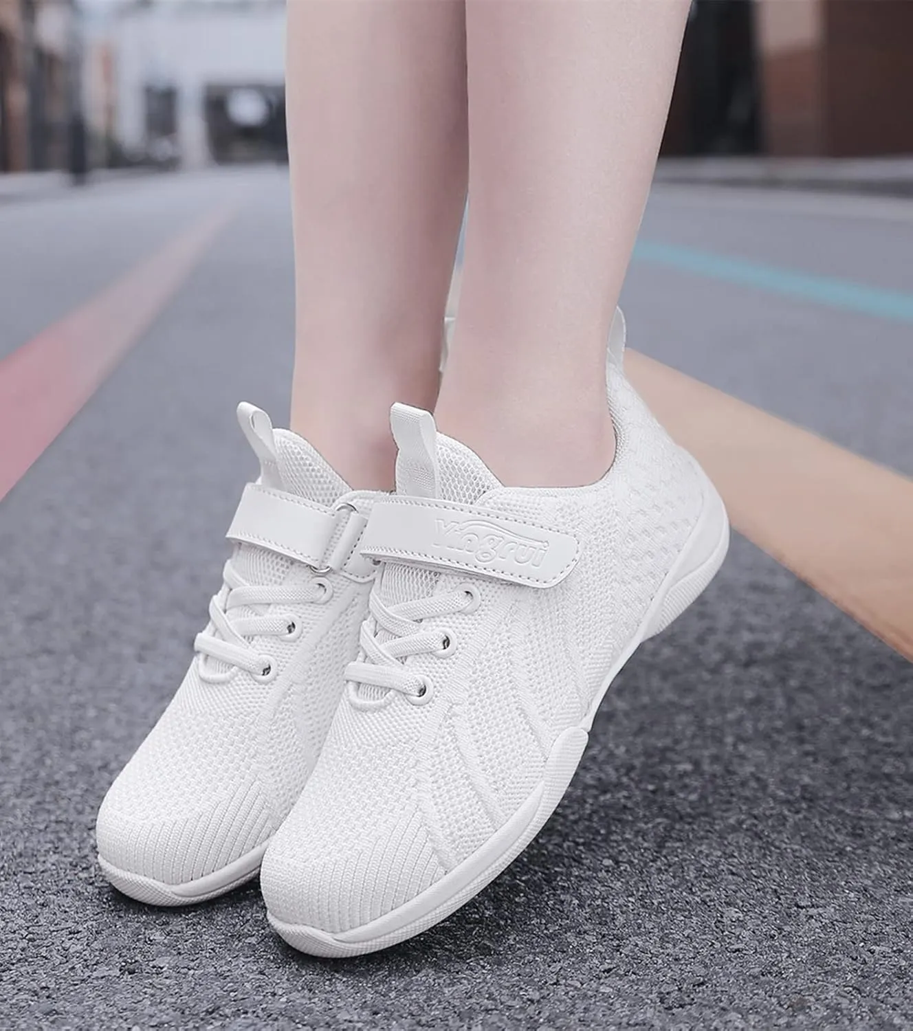 DADAWEN Youth Girls White Cheerleading Shoes Athletic Training Tennis Breathable Competition Cheer Sneakers