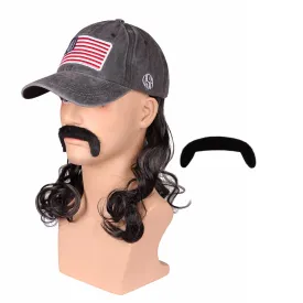 FantaLook Medium Black Wavy 80s Mullet Hat Wig with Mustache for 4th of July Cosplay Party and Halloween