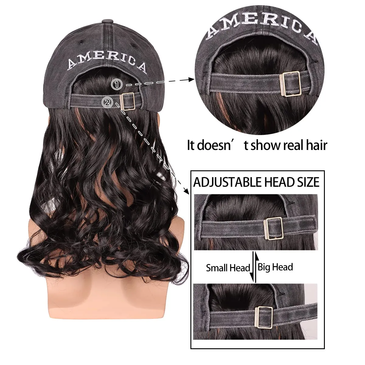 FantaLook Medium Black Wavy 80s Mullet Hat Wig with Mustache for 4th of July Cosplay Party and Halloween