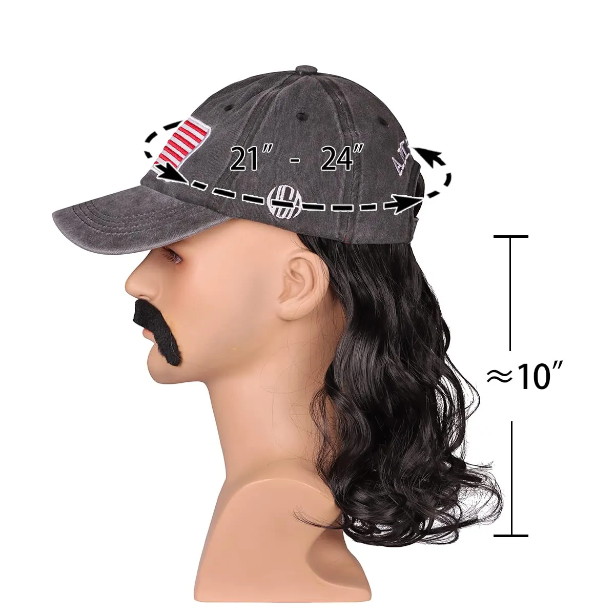 FantaLook Medium Black Wavy 80s Mullet Hat Wig with Mustache for 4th of July Cosplay Party and Halloween