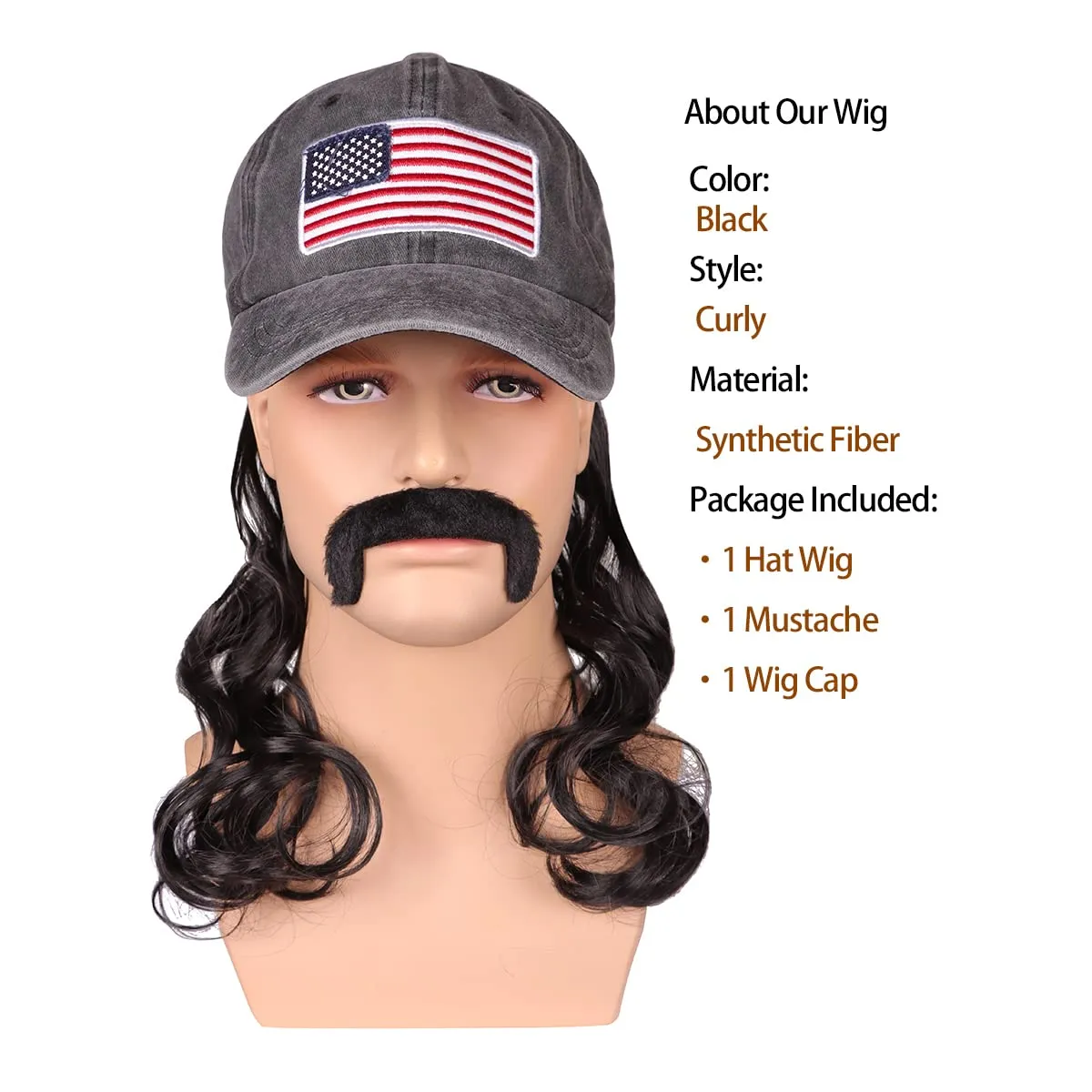 FantaLook Medium Black Wavy 80s Mullet Hat Wig with Mustache for 4th of July Cosplay Party and Halloween