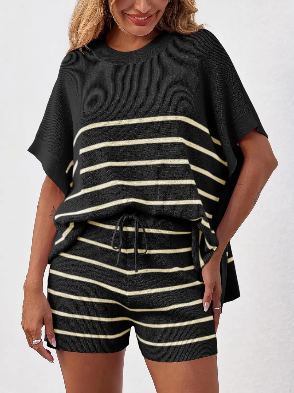 Fisoew Women's Striped 2 Piece Outfits Oversized Batwing Short Sleeve Tops High Waisted Shorts Summer Knit Lounge Short Sets
