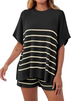 Fisoew Women's Striped 2 Piece Outfits Oversized Batwing Short Sleeve Tops High Waisted Shorts Summer Knit Lounge Short Sets