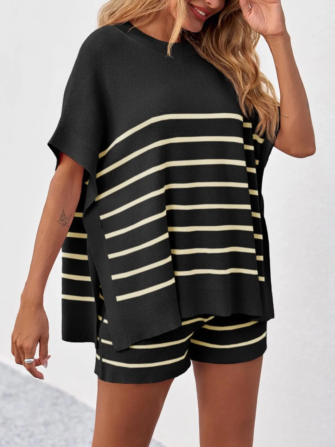 Fisoew Women's Striped 2 Piece Outfits Oversized Batwing Short Sleeve Tops High Waisted Shorts Summer Knit Lounge Short Sets