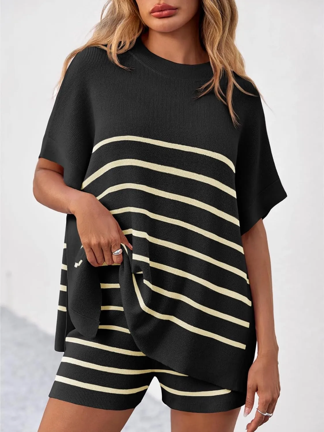 Fisoew Women's Striped 2 Piece Outfits Oversized Batwing Short Sleeve Tops High Waisted Shorts Summer Knit Lounge Short Sets