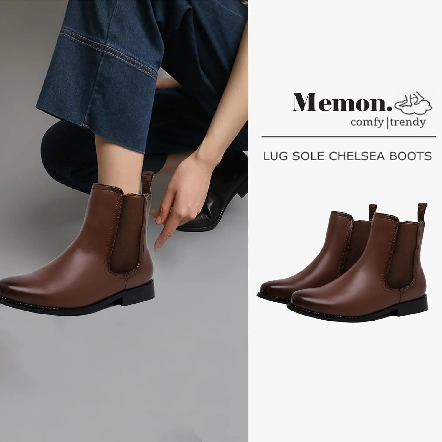 MEMON Women's Chelsea Boots Slip-on Fashion Low Heeled Booties for Women Casual Comfortable Black Ankle Booties Shoes