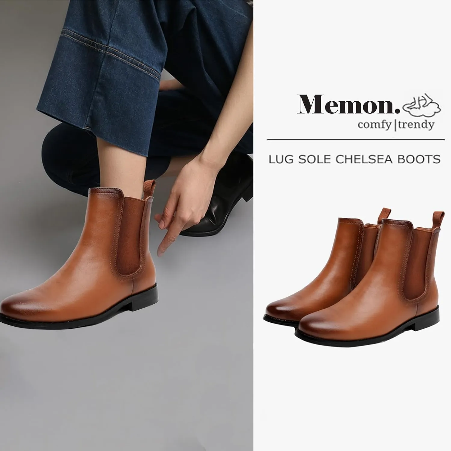 MEMON Women's Chelsea Boots Slip-on Fashion Low Heeled Booties for Women Casual Comfortable Black Ankle Booties Shoes