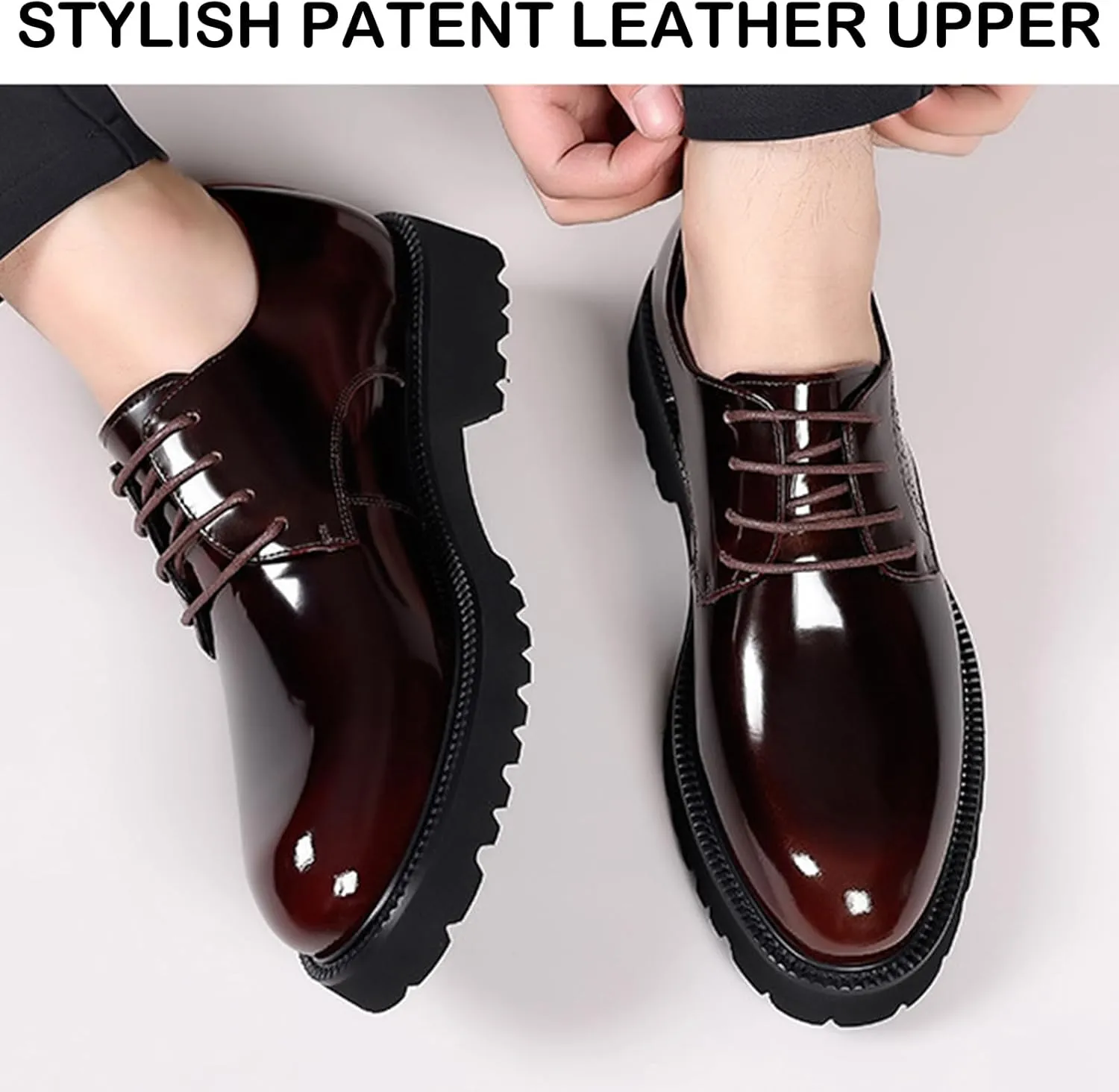 Men's Patent Leather Lace Up Platform Work Oxfords Round Toe Slip Resistant Low Top Lug Sole Brogues Dress Shoes Comfortable Business Formal Shoes