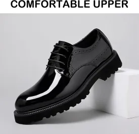 Men's Patent Leather Lace Up Platform Work Oxfords Round Toe Slip Resistant Low Top Lug Sole Brogues Dress Shoes Comfortable Business Formal Shoes