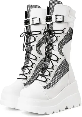 mikarka Womens Holographic Platform Mid Calf Combat Boots Lace Up Wedge Heel Studded Goth Knee High Boots