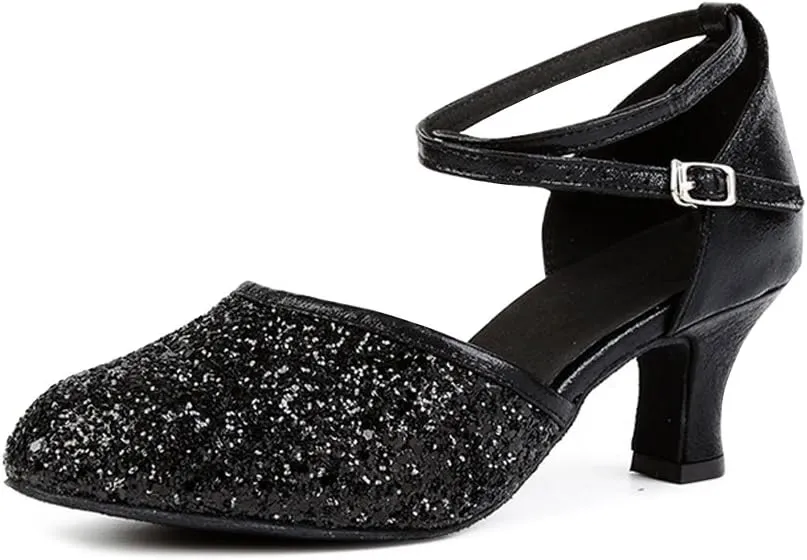 OCHENTA Women's Sequined Leather Pointed Toe Kitten Heel Latin Ballroom Dance Shoes