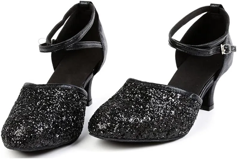 OCHENTA Women's Sequined Leather Pointed Toe Kitten Heel Latin Ballroom Dance Shoes