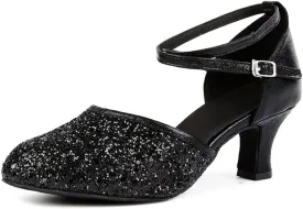 OCHENTA Women's Sequined Leather Pointed Toe Kitten Heel Latin Ballroom Dance Shoes