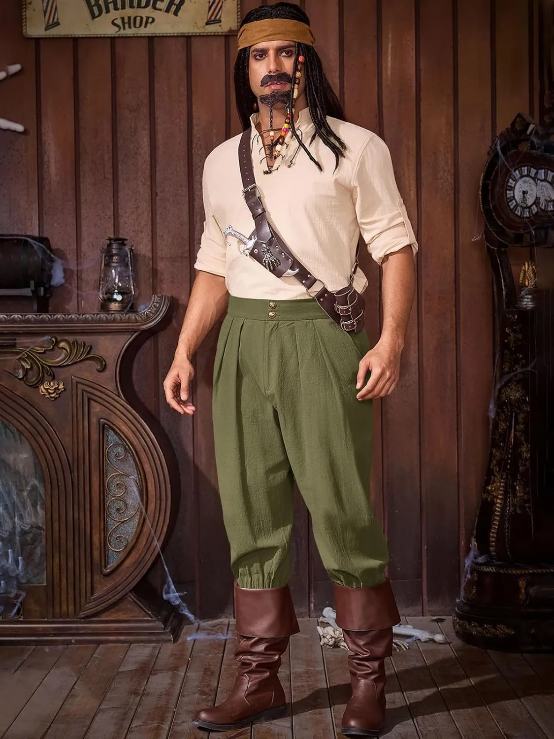Runcati Mens Medieval Ankle Pants Renaissance Viking Pirate Pants Lace Up Cotton Tapered Halloween Costume Trousers