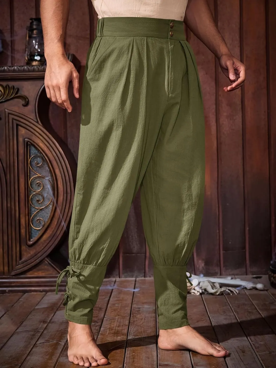 Runcati Mens Medieval Ankle Pants Renaissance Viking Pirate Pants Lace Up Cotton Tapered Halloween Costume Trousers