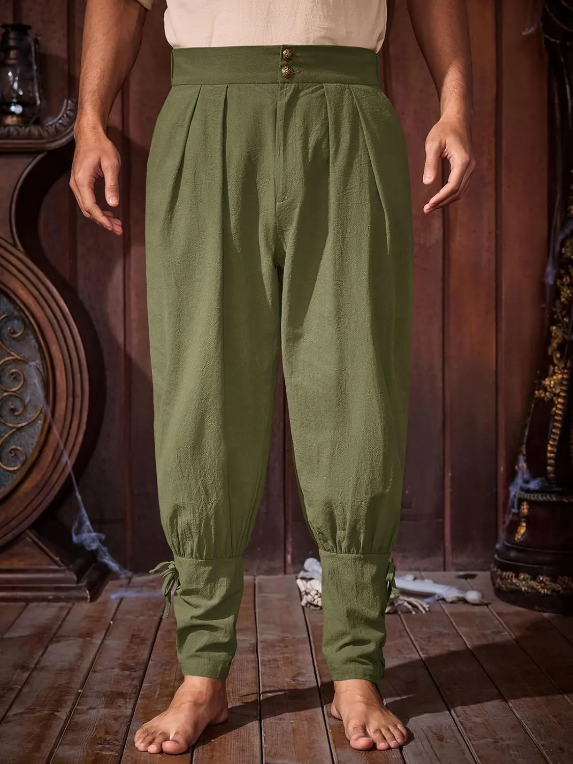 Runcati Mens Medieval Ankle Pants Renaissance Viking Pirate Pants Lace Up Cotton Tapered Halloween Costume Trousers