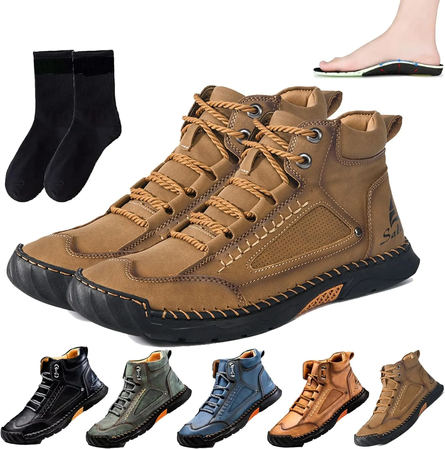 Sawbehind Mens Boots, Sawbehind Boots, Men's Comfortable Handmade Leather Boots,Waterproof Arch Support,Pressure Relief