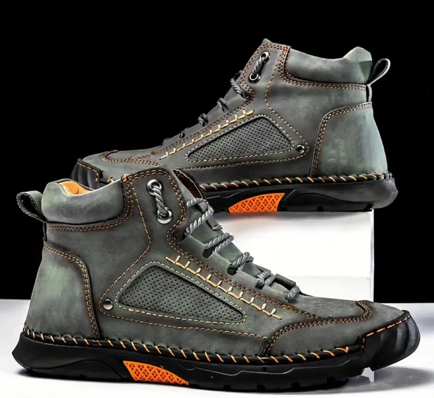 Sawbehind Men's Comfortable Handmade Leather Boots, Outdoor Sawbehind Leather Boots Wide, Waterproof, Arch Support