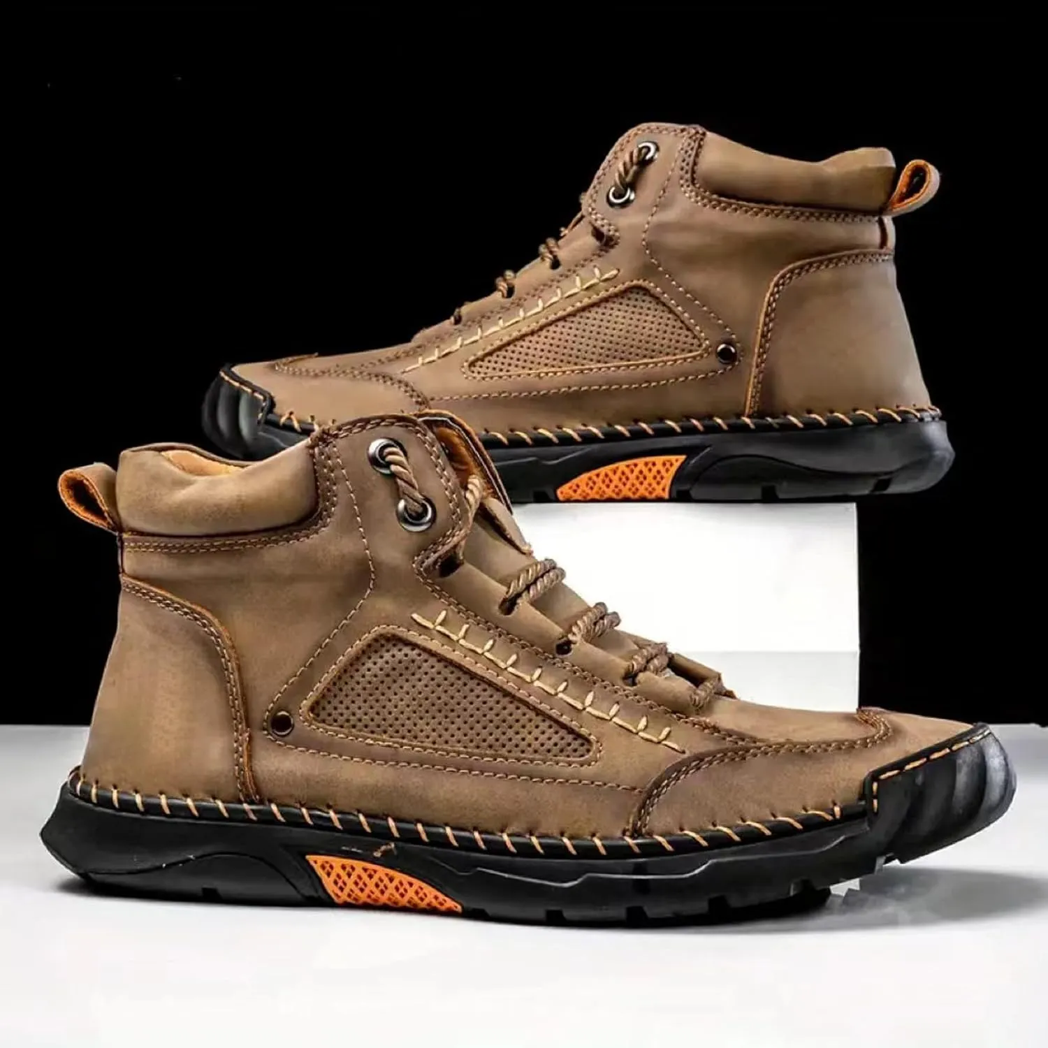 Sawbehind Men's Comfortable Handmade Leather Boots, Outdoor Sawbehind Leather Boots Wide, Waterproof, Arch Support