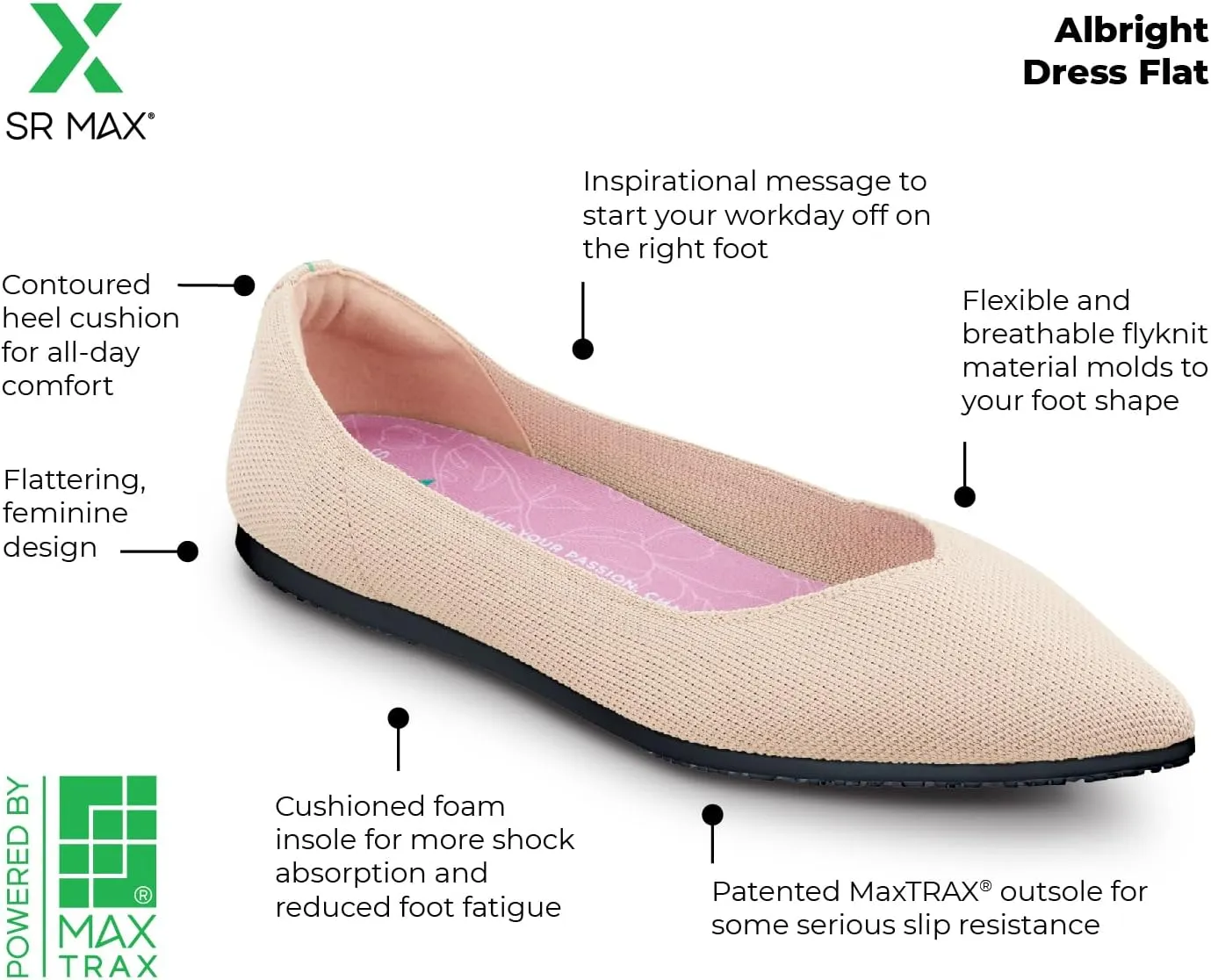 SR Max Albright, Women's, MaxTrax Slip Resistant, Soft Toe, Dress Flat, Work Shoe