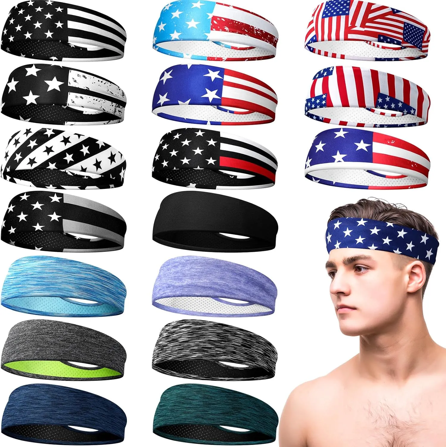 Suhine 18 Pcs Sport Sweatbands Headbands for Men Women Running Workout Headbands Nonslip Sweat Absorbing Sweatband Stretchy Unisex Bandana for Tennis Baseball Football Cycling Yoga
