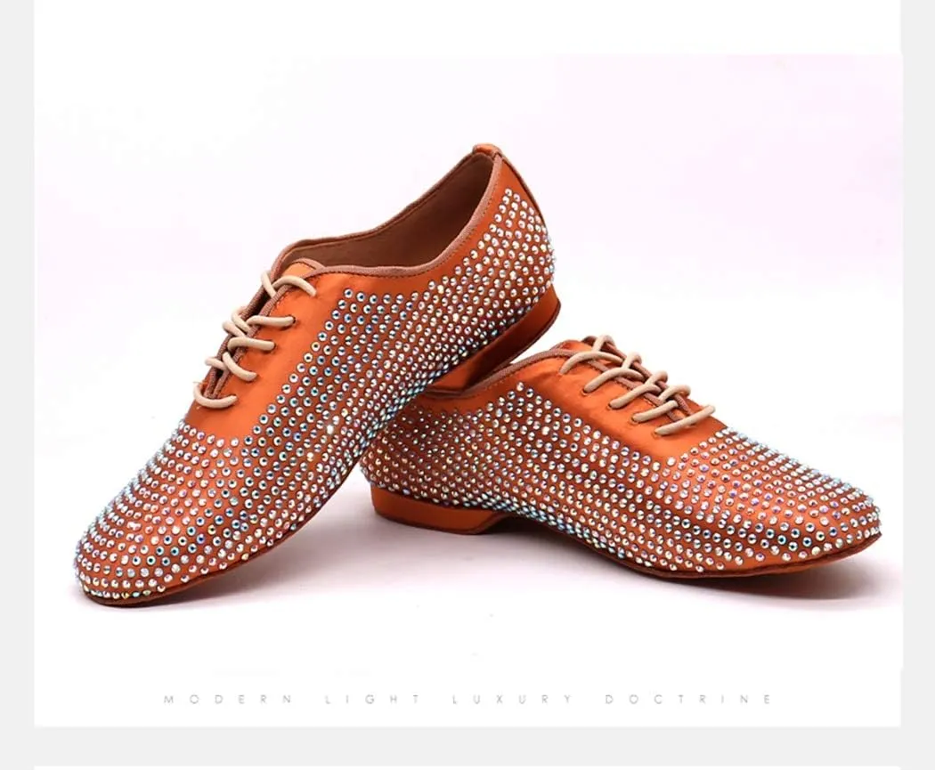 TDA Men's Comfort Standard Low Heel Soft Outsole Satin Studded Rhinestones Tango Ballroom Salsa Chacha Character Latin Modern Dance Shoes