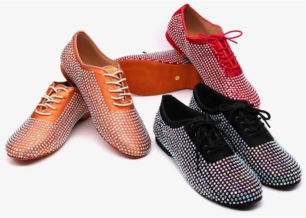TDA Men's Comfort Standard Low Heel Soft Outsole Satin Studded Rhinestones Tango Ballroom Salsa Chacha Character Latin Modern Dance Shoes