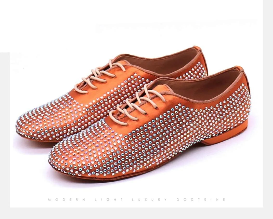 TDA Men's Comfort Standard Low Heel Soft Outsole Satin Studded Rhinestones Tango Ballroom Salsa Chacha Character Latin Modern Dance Shoes