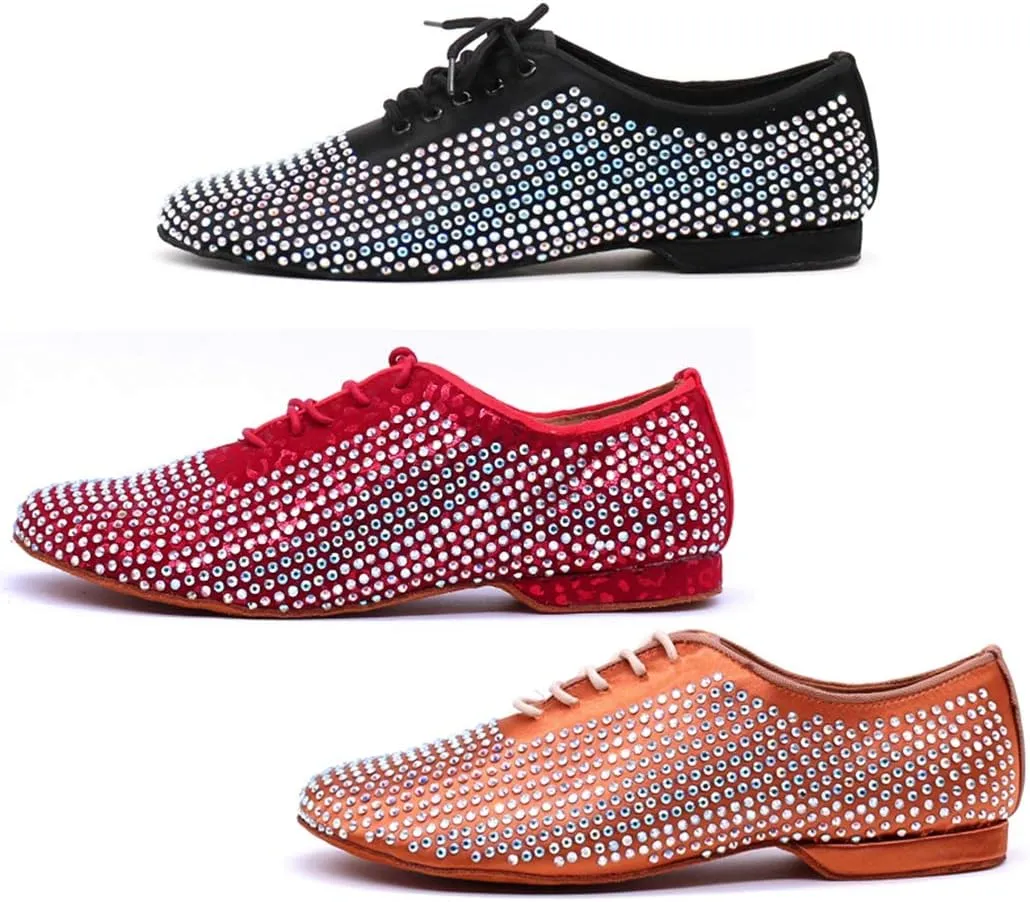 TDA Men's Comfort Standard Low Heel Soft Outsole Satin Studded Rhinestones Tango Ballroom Salsa Chacha Character Latin Modern Dance Shoes