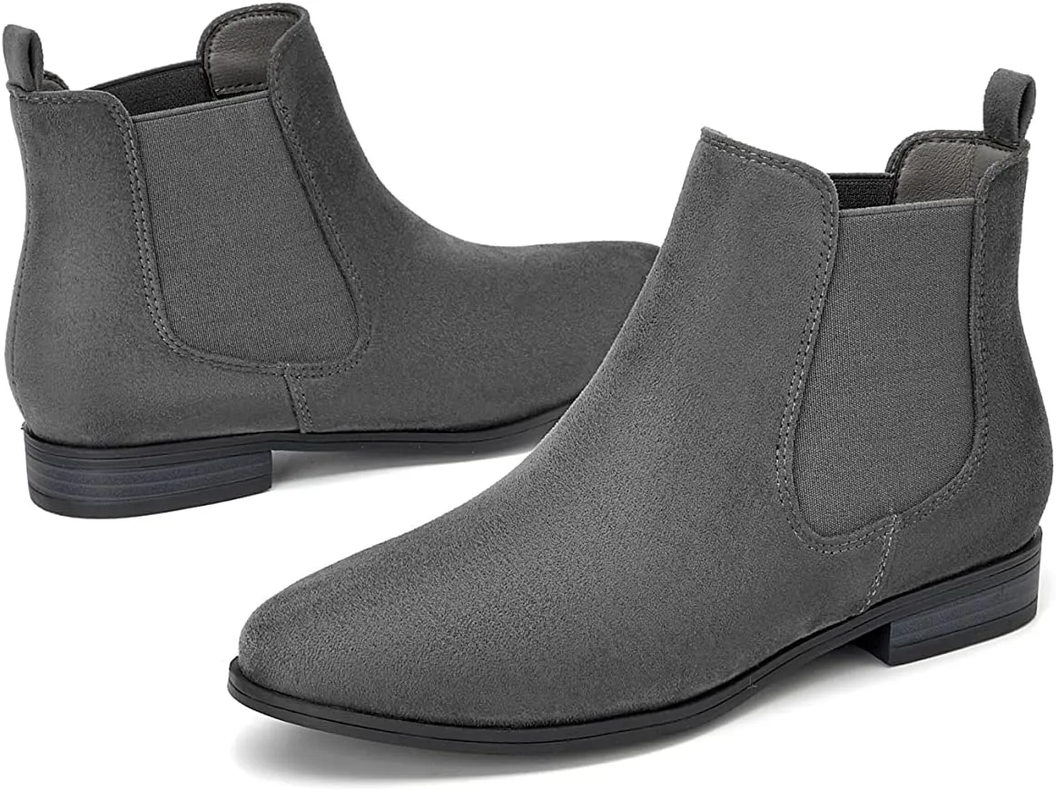 VJH confort Women's Slip on Ankle Boot, Western Almond Round Toe Low Heel Elastic Chelsea Bootie