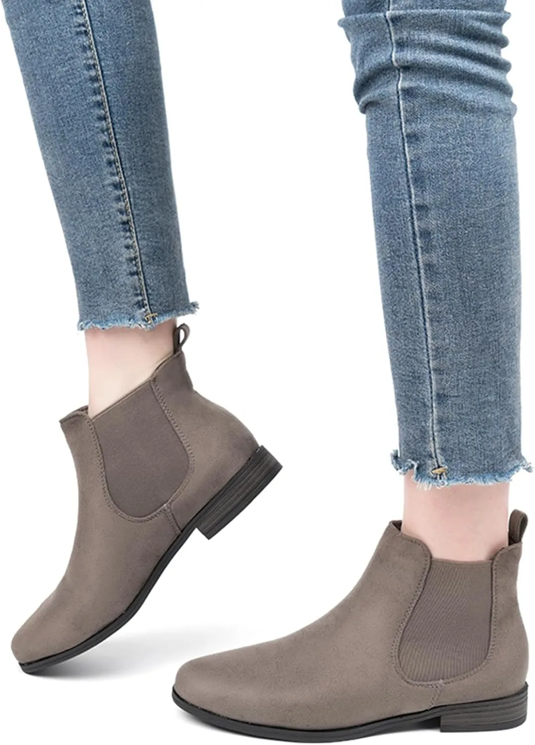 VJH confort Women's Slip on Ankle Boot, Western Almond Round Toe Low Heel Elastic Chelsea Bootie
