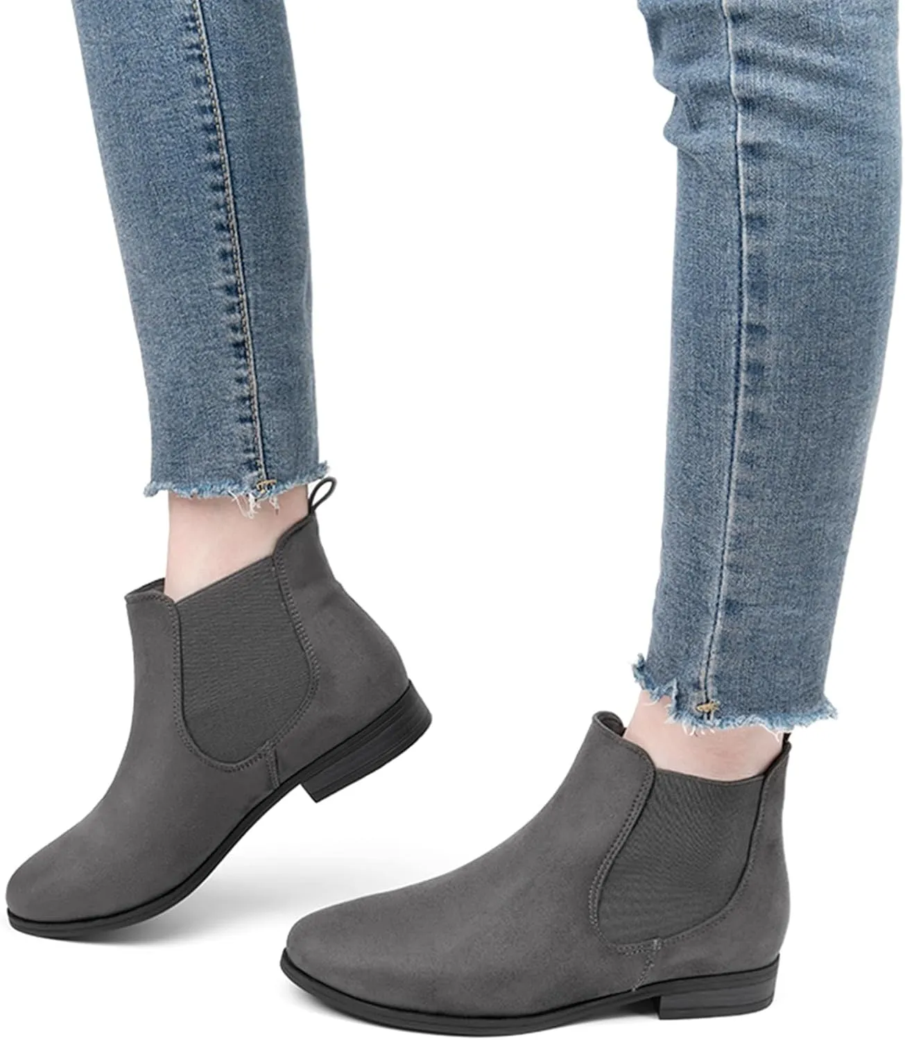 VJH confort Women's Slip on Ankle Boot, Western Almond Round Toe Low Heel Elastic Chelsea Bootie