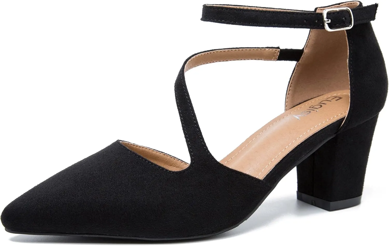 Women's Low Heel Pumps Closed Pointed Toe Block Chunky Heel Cross Strap Wedding Bridal Party Dress Shoes