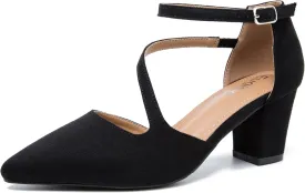 Women's Low Heel Pumps Closed Pointed Toe Block Chunky Heel Cross Strap Wedding Bridal Party Dress Shoes
