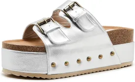 Women's Platform Slide Sandals Comfortable Cork Footbed Studded Clogs Adjustable Buckle Straps Open Toe Flatform Sandal Summer Slipper