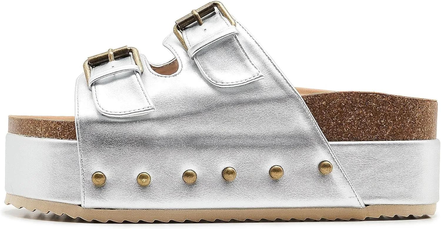 Women's Platform Slide Sandals Comfortable Cork Footbed Studded Clogs Adjustable Buckle Straps Open Toe Flatform Sandal Summer Slipper