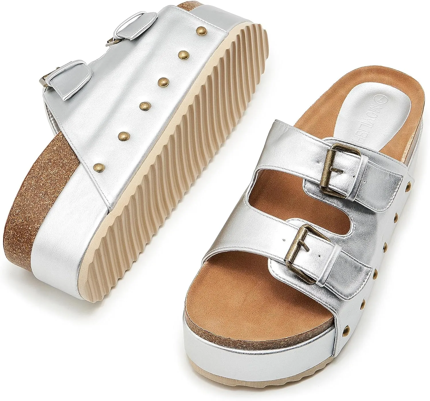 Women's Platform Slide Sandals Comfortable Cork Footbed Studded Clogs Adjustable Buckle Straps Open Toe Flatform Sandal Summer Slipper