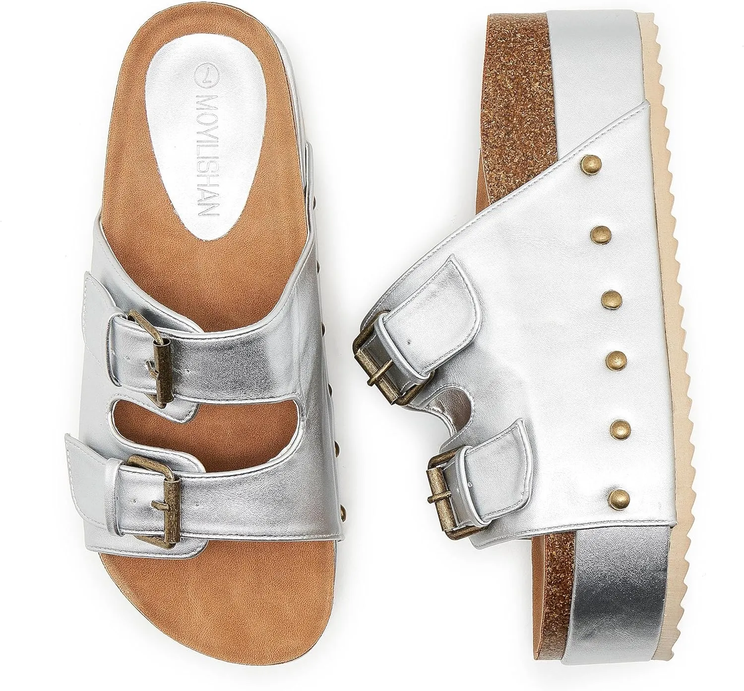 Women's Platform Slide Sandals Comfortable Cork Footbed Studded Clogs Adjustable Buckle Straps Open Toe Flatform Sandal Summer Slipper